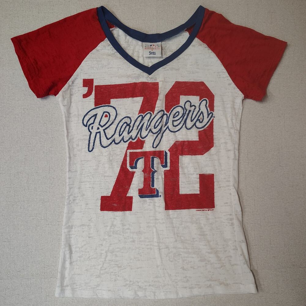 Texas Rangers Womens M Burnout Raglan Tee Distressed Graphic MLB Baseball Retro